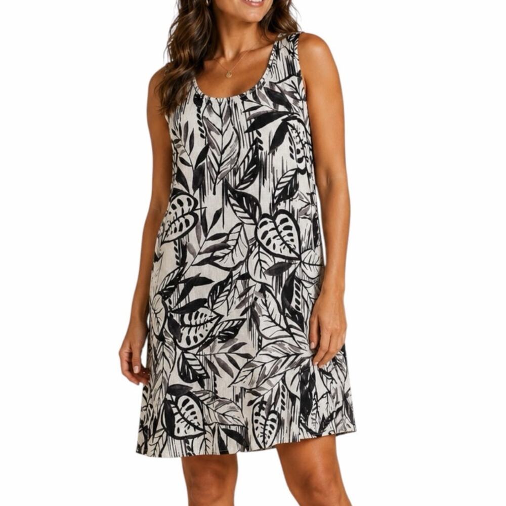 Tahari Linen Shift Dress Women’s Plus Size 1X Cream Black Minimalist Neutral